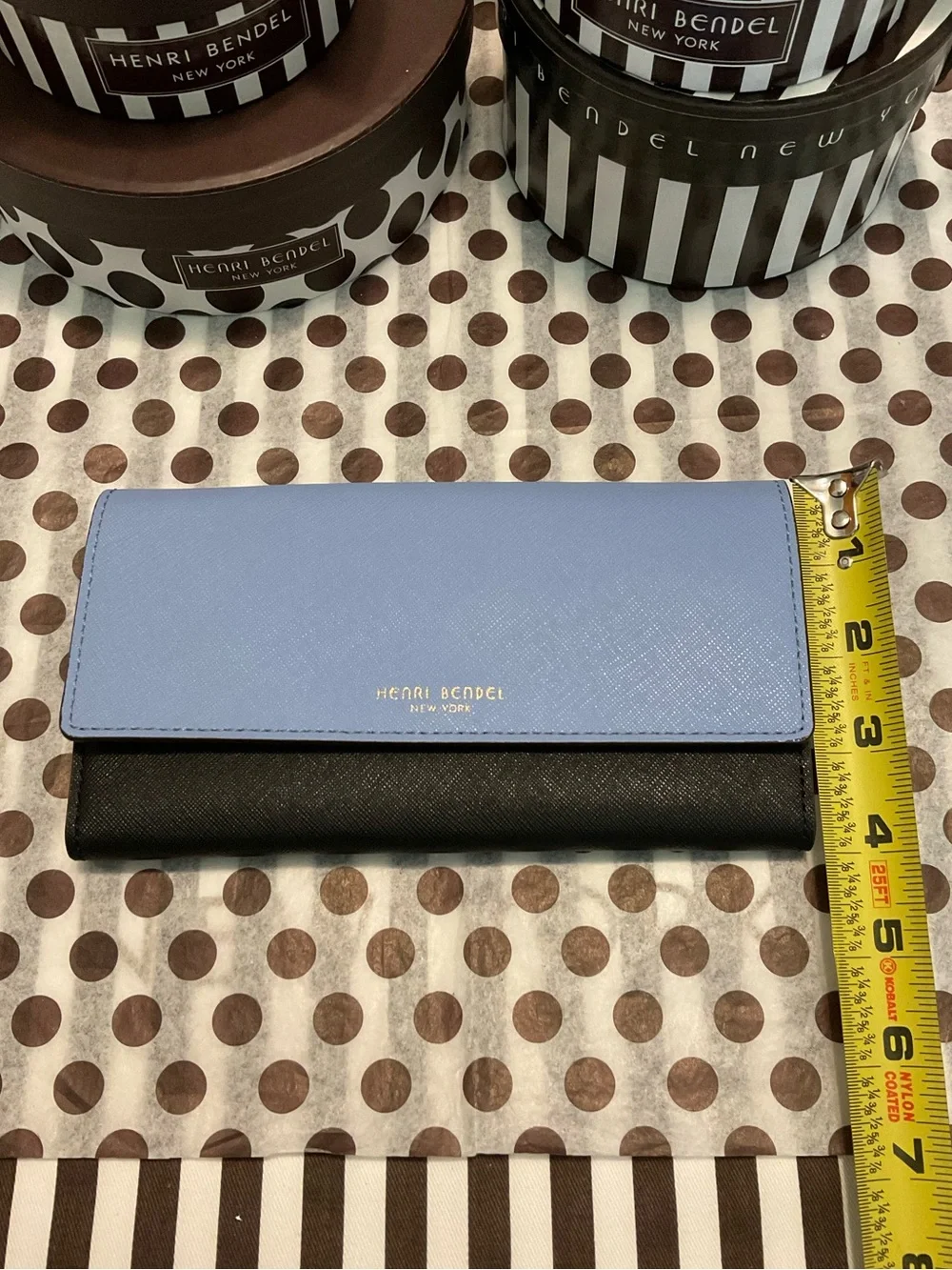 Henri Bendel West 57th Trifold Wallet Light Blue, Black and Olive w Dust Bag